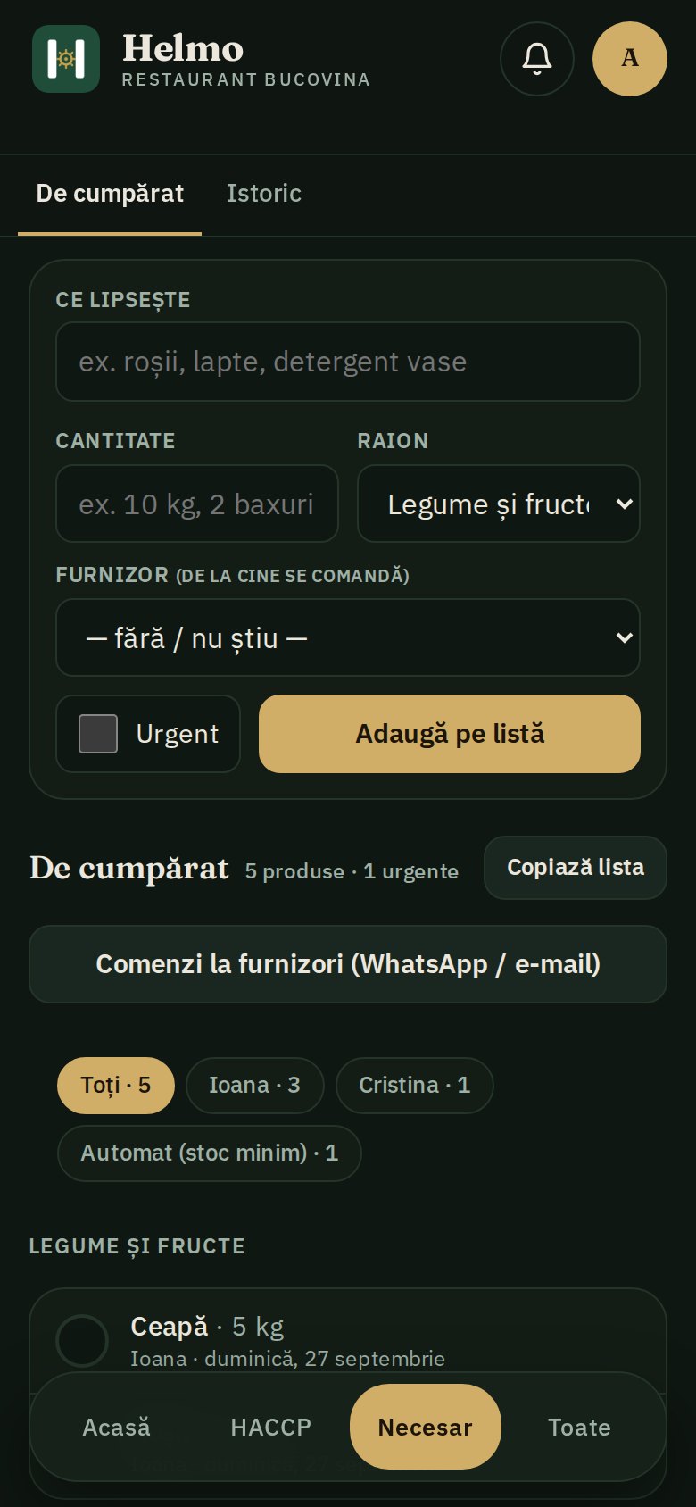Lista de cumpărături, cu raioane și furnizori